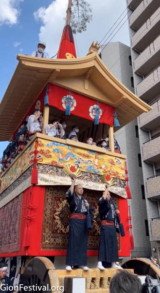 The Taka Yama float was pulled down Sanjo street in its debut year, 2022. Its wood is natural rather than lacquered.